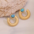 Vintage C-shaped 18K gold plated hoop earrings with textured finish and turquoise stones - Gold Threaded C-Shape (1#)