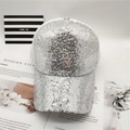 Stylish silver sequin baseball cap with white breathable mesh back in a flat lay view - One Size(Adjustable) / Silver Gray