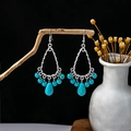 Bohemian dangle earrings with turquoise beads and silver metal on natural branch - E4313/Antique Silver Hollow Frame Cyan Bead