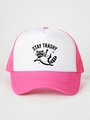 Detail of pink trucker hat featuring cartoon raccoon and Stay Trashy print on white panel - One Size / White and Rose Red