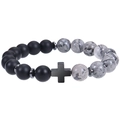 Bracciale da uomo con pietre nere opache, perle di marmo bianco e ciondolo a croce in metallo - Bracciale in Pietra Map e Pietra Smerigliata