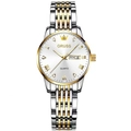 Luminous two-tone stainless steel quartz watch with day-date display and white dial - Two-tone Band White Dial