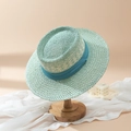 Chic mint green and white woven straw sun hat with a flat brim and blue ribbon detail - M(56-58cm) / Light Green