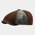 Dettaglio della coppola in cotone lavato che mostra la trama del tessuto e le cuciture - Marrone Scuro con Stile Patchwork a Trama Lavata / Marrone Scuro