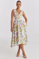 Detail of V-neck floral summer maxi dress with slim pleated waist and light fabric - Pink Yellow Floral