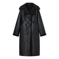 Cappotto lungo da donna in pelle PU nera con fodera in pelliccia sintetica e cintura - S / Nero
