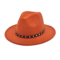 Detail view of orange wool fedora hat with black leather belt and silver metal studs - Caramel color