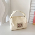 Chic beige corduroy square tote bag with a cute cartoon bear patch and soft texture - Off White
