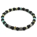 Men's yellow tiger eye and natural stone beaded bracelet with faceted black beads - African Pine + Black Agate Style (B089)