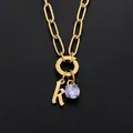 14K gold plated stainless steel paperclip necklace with letter k and purple CZ charms - Lowercase k