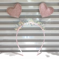 Pink sequin double heart headband with shiny tinsel on a non-slip flexible plastic base - Pink Glitter Heart with Colorful Tinsel