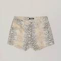 Detail of snake print denim shorts with SMFK woven label and metal button closure - XS / Phantom Cobra