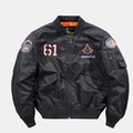 Black bomber jacket featuring tactical embroidery, orange lining, and utility pocket - Black