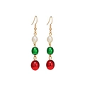 Christmas tricolor beaded dangle earrings with red, green, and white beads on gold hooks - Three-color Beaded Drop (EHMT-018HJ-J)