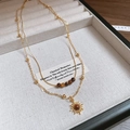 Detail of 18K gold double-layer necklace with tiger eye beads and sun pendant - Sun Charm Double Layer Necklace / 44# Necklace-Gold-Brown