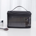 Portable large capacity black mesh cosmetic bag with top handle and zipper closure - Single Layer / Black