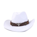 Detail of white cowboy hat with brown leather band and silver longhorn bull head accessory - White (Brown Leather Band)