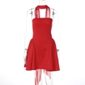 Detailed front view of red strapless mini dress with matching neck scarf on mannequin - S / Red