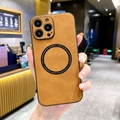 Brown nubuck texture magnetic phone case for iPhone 15/14/13 with integrated charging ring - Brown