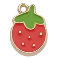 Gold-plated strawberry pendant with red enamel finish and green leaf for DIY jewelry - Fruit Strawberry 16x12mm