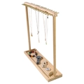 Wooden jewelry display stand with golden metal hooks and solid wood base tray - Natural Wood Double-Sided Hook Rack (Copper Nails)