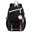 Sac à dos noir de style coréen avec sangle rose sport et pendentif en peluche - Style Couvercle à Rabat / Noir & Blanc
