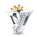 Silver letter V bead charm with gold crown and sparkling crystals for DIY bracelets - Letter V