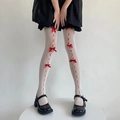 Weiße Netzstrumpfhose mit kleinen roten Schleifen und süßem Lochmuster im Lolita-Stil - Weiß Rot Samtschleife