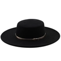 Classic black wide brim flat top wool felt bolero hat with golden buckle band strap - M (56-58cm) / Black