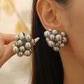 Polished silver beaded cluster earrings in minimalist geometric grape bunch style - Silver Stud Earrings (02 White K A-554)