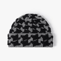 Women's thick knit beanie featuring black and grey houndstooth pattern and folded cuff - One Size / Deep Gray(23B066)