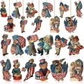 Detailed close-up of retro American patriotic wooden ornaments with vintage illustrations - Patriotic Characters - Standard Set