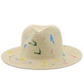 Artistic graffiti straw panama hat with colorful paint splatters and wide brim - M(56-58cm) / Beige