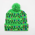 Winter knitted green Christmas hat with colorful light bulb patterns and plush pompom - Hat Style 22 (Green String Lights)