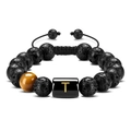 Lava stone bead bracelet with tiger eye accent and golden letter T on black charm - Letter-T