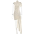 Detailed close-up of cream sleeveless dress with asymmetric drape and ruched texture - S / Apricot