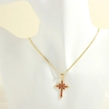 Detail of 18K gold cross pendant with red marquise stones on flat snake chain - Gold Snake Chain / Dark Red Zircon