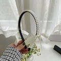 Elegant thin black headband with white pearls and side silk ribbon bows detail - 220407 Pearl White