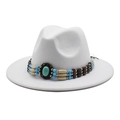 White wool fedora with bohemian turquoise bead band and wide brim for men and women - M (56-58cm) / White