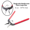 Detail of red and black long nose jewelry pliers with size specs and spring structure - Side Needle Nose Pliers