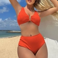 Bright orange ribbed high-waisted bikini set with a metal V-shaped front detail - Orange Red
