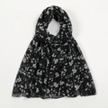 Floral print voile scarf in black with white and red flower patterns for women - Black Red White Floral