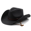 Detail of black straw cowboy hat featuring vintage brown embossed band and windproof rope - M (56-58cm) / Black