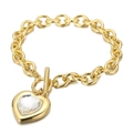 Golden heart pendant bracelet with clear crystal and T-bar toggle closure on a thick chain - Gold Transparent Heart (KB62100-Z)