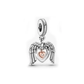 Silver winged pendant charm with rose gold heart and diamond accent for DIY bracelets - Angel Wing Heart Charm