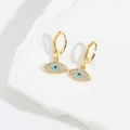Retro Goldene Evil Eye Ohrhänger mit blauen Zirkonia auf weißem Steinhintergrund - Böses Auge Stil (20240724) / Blauer Zirkon