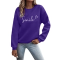 Deep purple long sleeve sweatshirt featuring a white Smile print and heart graphic - S / Purple