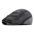 Washed dark grey retro flat cap with vintage embroidery and distressed canvas detail - Black