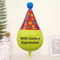 Fluorescent yellow party balloon with colorful polka dots and a red hat-shaped design - Smiley Face Birthday Hat Style / One Size