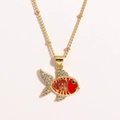 Gold-plated fish necklace with red enamel and crystals on a delicate bead chain - Red Goldfish